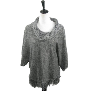 NY Collection Black/White Cowl Neck Short Sleeve Fringe Trim Sweater Size Large